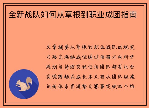 全新战队如何从草根到职业成团指南