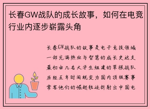 长春GW战队的成长故事，如何在电竞行业内逐步崭露头角
