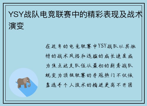 YSY战队电竞联赛中的精彩表现及战术演变